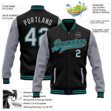 Charger l'image dans la galerie, Custom Black Gray-Teal Bomber Full-Snap Varsity Letterman Two Tone Jacket