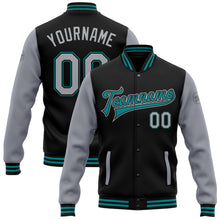 Charger l'image dans la galerie, Custom Black Gray-Teal Bomber Full-Snap Varsity Letterman Two Tone Jacket