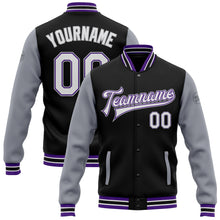 Load image into Gallery viewer, Custom Black White Purple-Gray Bomber Full-Snap Varsity Letterman Two Tone Jacket