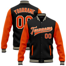 Charger l'image dans la galerie, Custom Black Orange-Cream Bomber Full-Snap Varsity Letterman Two Tone Jacket