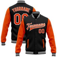 Charger l'image dans la galerie, Custom Black Orange-White Bomber Full-Snap Varsity Letterman Two Tone Jacket