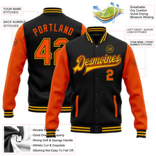 Charger l'image dans la galerie, Custom Black Orange-Gold Bomber Full-Snap Varsity Letterman Two Tone Jacket