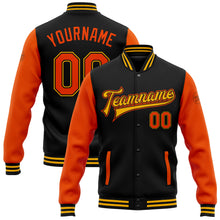 Charger l'image dans la galerie, Custom Black Orange-Gold Bomber Full-Snap Varsity Letterman Two Tone Jacket