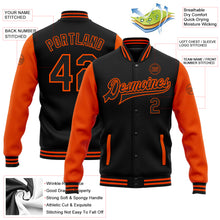 Charger l'image dans la galerie, Custom Black Orange Bomber Full-Snap Varsity Letterman Two Tone Jacket