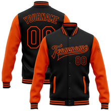 Charger l'image dans la galerie, Custom Black Orange Bomber Full-Snap Varsity Letterman Two Tone Jacket