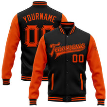 Charger l'image dans la galerie, Custom Black Orange Bomber Full-Snap Varsity Letterman Two Tone Jacket