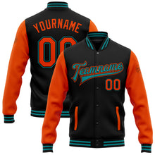 Charger l'image dans la galerie, Custom Black Orange-Teal Bomber Full-Snap Varsity Letterman Two Tone Jacket