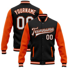 Загрузить изображение в средство просмотра галереи, Custom Black White-Orange Bomber Full-Snap Varsity Letterman Two Tone Jacket