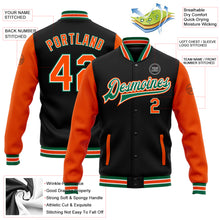 Charger l'image dans la galerie, Custom Black Orange-Kelly Green Bomber Full-Snap Varsity Letterman Two Tone Jacket