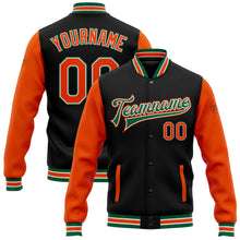 Charger l'image dans la galerie, Custom Black Orange-Kelly Green Bomber Full-Snap Varsity Letterman Two Tone Jacket