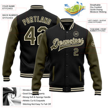 Charger l'image dans la galerie, Custom Black Olive-Cream Bomber Full-Snap Varsity Letterman Two Tone Jacket