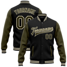 Charger l'image dans la galerie, Custom Black Olive-Cream Bomber Full-Snap Varsity Letterman Two Tone Jacket