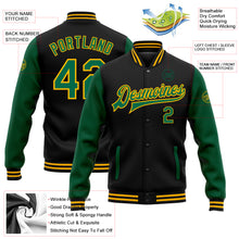 Charger l'image dans la galerie, Custom Black Kelly Green-Gold Bomber Full-Snap Varsity Letterman Two Tone Jacket