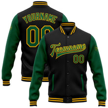 Charger l'image dans la galerie, Custom Black Kelly Green-Gold Bomber Full-Snap Varsity Letterman Two Tone Jacket