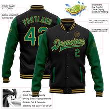 Charger l'image dans la galerie, Custom Black Kelly Green-Old Gold Bomber Full-Snap Varsity Letterman Two Tone Jacket