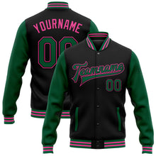 Charger l'image dans la galerie, Custom Black Kelly Green-Pink Bomber Full-Snap Varsity Letterman Two Tone Jacket