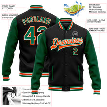 Charger l'image dans la galerie, Custom Black Kelly Green-Orange Bomber Full-Snap Varsity Letterman Two Tone Jacket