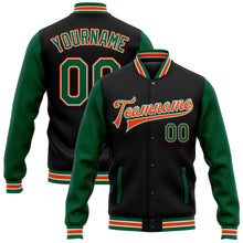 Charger l'image dans la galerie, Custom Black Kelly Green-Orange Bomber Full-Snap Varsity Letterman Two Tone Jacket