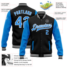 Charger l'image dans la galerie, Custom Black Powder Blue-White Bomber Full-Snap Varsity Letterman Two Tone Jacket