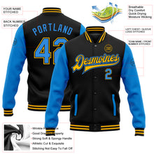 Charger l'image dans la galerie, Custom Black Powder Blue-Gold Bomber Full-Snap Varsity Letterman Two Tone Jacket