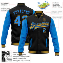 Charger l'image dans la galerie, Custom Black Powder Blue-Old Gold Bomber Full-Snap Varsity Letterman Two Tone Jacket