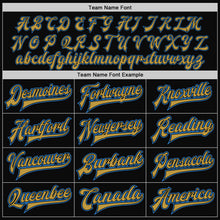 Charger l'image dans la galerie, Custom Black Powder Blue-Old Gold Bomber Full-Snap Varsity Letterman Two Tone Jacket