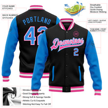 Charger l'image dans la galerie, Custom Black Powder Blue-Pink Bomber Full-Snap Varsity Letterman Two Tone Jacket