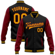 Charger l'image dans la galerie, Custom Black Gold-Crimson Bomber Full-Snap Varsity Letterman Two Tone Jacket