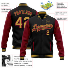 Charger l'image dans la galerie, Custom Black Old Gold-Crimson Bomber Full-Snap Varsity Letterman Two Tone Jacket