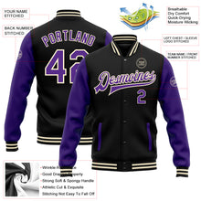 Charger l'image dans la galerie, Custom Black Purple-Cream Bomber Full-Snap Varsity Letterman Two Tone Jacket