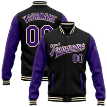 Charger l'image dans la galerie, Custom Black Purple-Cream Bomber Full-Snap Varsity Letterman Two Tone Jacket
