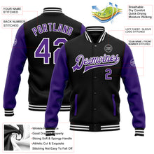 Charger l'image dans la galerie, Custom Black Purple-White Bomber Full-Snap Varsity Letterman Two Tone Jacket