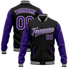 Charger l'image dans la galerie, Custom Black Purple-White Bomber Full-Snap Varsity Letterman Two Tone Jacket