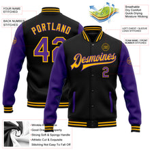 Charger l'image dans la galerie, Custom Black Purple-Gold Bomber Full-Snap Varsity Letterman Two Tone Jacket