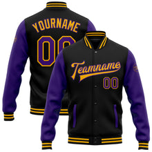 Charger l'image dans la galerie, Custom Black Purple-Gold Bomber Full-Snap Varsity Letterman Two Tone Jacket