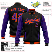 Charger l'image dans la galerie, Custom Black Purple-Orange Bomber Full-Snap Varsity Letterman Two Tone Jacket