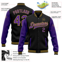 Charger l'image dans la galerie, Custom Black Purple-Old Gold Bomber Full-Snap Varsity Letterman Two Tone Jacket