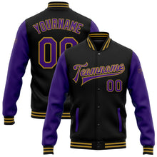 Charger l'image dans la galerie, Custom Black Purple-Old Gold Bomber Full-Snap Varsity Letterman Two Tone Jacket