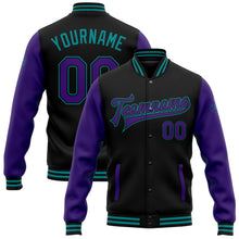 Charger l'image dans la galerie, Custom Black Purple-Teal Bomber Full-Snap Varsity Letterman Two Tone Jacket