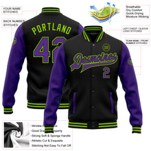 Charger l'image dans la galerie, Custom Black Purple-Neon Green Bomber Full-Snap Varsity Letterman Two Tone Jacket