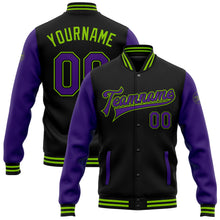 Charger l'image dans la galerie, Custom Black Purple-Neon Green Bomber Full-Snap Varsity Letterman Two Tone Jacket