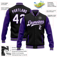 Загрузить изображение в средство просмотра галереи, Custom Black White-Purple Bomber Full-Snap Varsity Letterman Two Tone Jacket