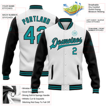 Load image into Gallery viewer, Custom White Teal-Black Bomber Full-Snap Varsity Letterman Two Tone Jacket