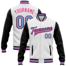 Load image into Gallery viewer, Custom White Light Blue-Pink Bomber Full-Snap Varsity Letterman Two Tone Jacket