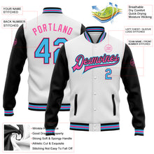 Laden Sie das Bild in den Galerie-Viewer, Custom White Sky Blue-Pink Bomber Full-Snap Varsity Letterman Two Tone Jacket