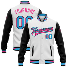 Laden Sie das Bild in den Galerie-Viewer, Custom White Sky Blue-Pink Bomber Full-Snap Varsity Letterman Two Tone Jacket