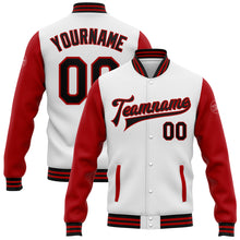 Загрузить изображение в средство просмотра галереи, Custom White Black-Red Bomber Full-Snap Varsity Letterman Two Tone Jacket
