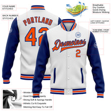 Charger l'image dans la galerie, Custom White Orange-Royal Bomber Full-Snap Varsity Letterman Two Tone Jacket