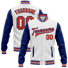 Charger l'image dans la galerie, Custom White Orange-Royal Bomber Full-Snap Varsity Letterman Two Tone Jacket