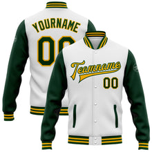 Загрузить изображение в средство просмотра галереи, Custom White Green-Gold Bomber Full-Snap Varsity Letterman Two Tone Jacket
